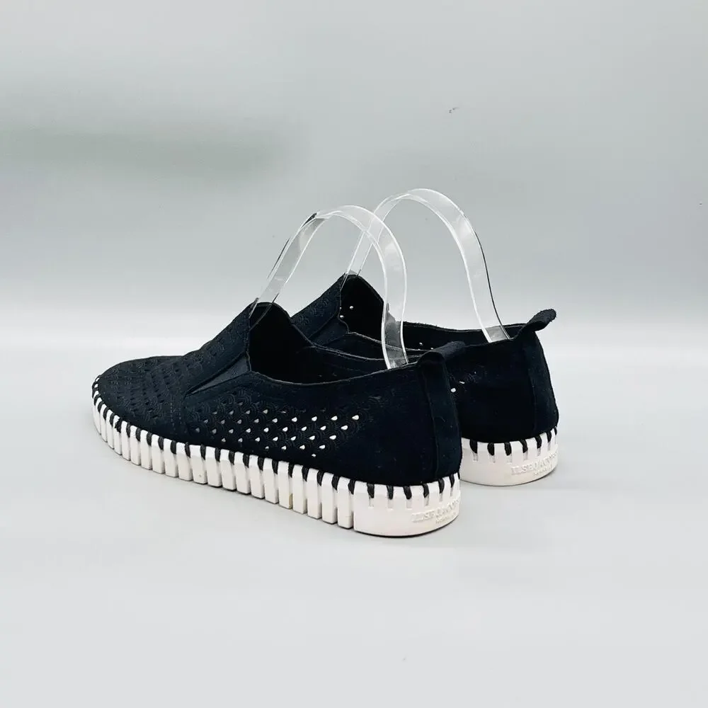 Ilse Jacobsen Shoes Womens 7.5 Black Microfiber Tulip Perforated Flats Slip On